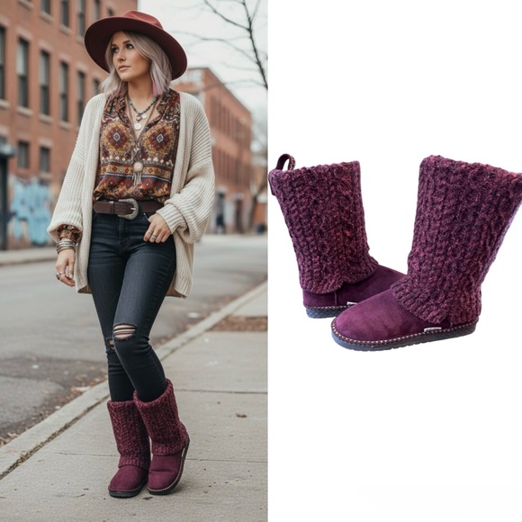 Muk Luks Shoes - Muk Luks Women’s Burgundy Jackie Knit Faux Suede Mid-Calf Boots Size 9